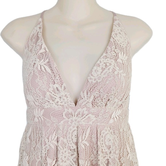 NEW Lulus Faux Wrap Maxi Dress XS Beige Lace‎ Plunge Cross Back V-Neck Formal - Picture 3 of 12